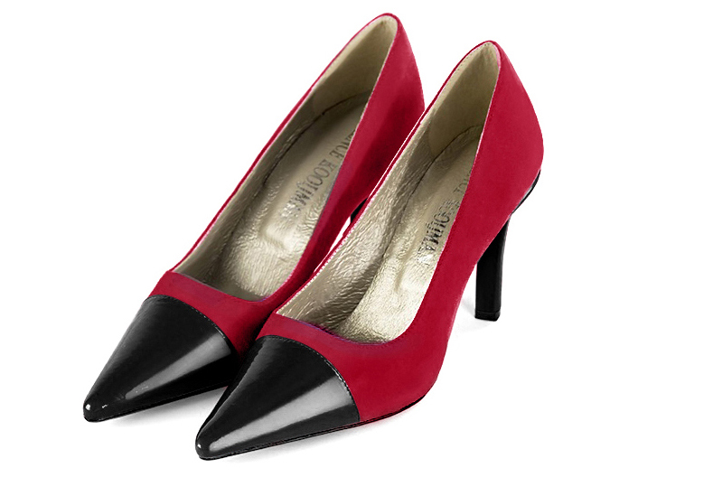 Gloss black and cardinal red women's dress pumps,with a square neckline. Pointed toe. High slim heel. Front view - Florence KOOIJMAN